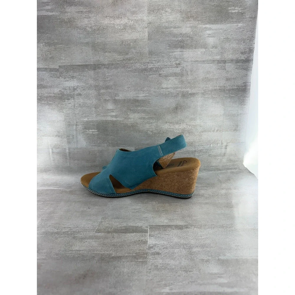 Clarks Teal Blue Nubuck Leather Cork Wedge Sandals Peep Toe Women Sz 11 M